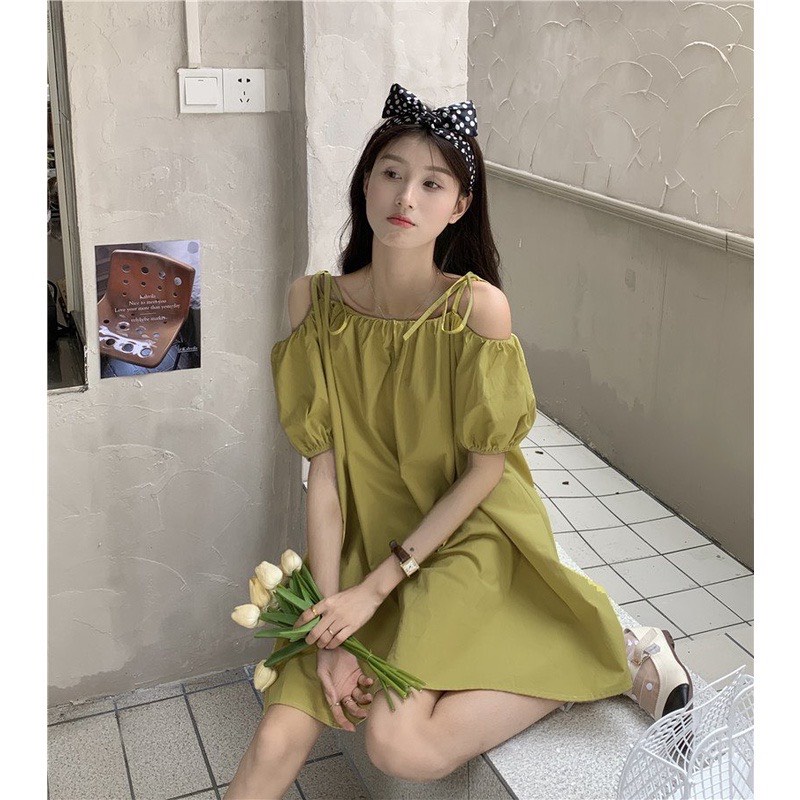 Váy trễ vai tay bồng 2 dây thắt nơ chất thô mềm màu xanh cốm trắng- Đầm babydoll nữ hở vai ulzzang, TONGKHOQUANAONU