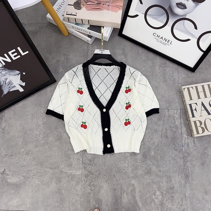 Áo len croptop cardigan cộc tay thêu quả cherry phong cách ngọt ngào