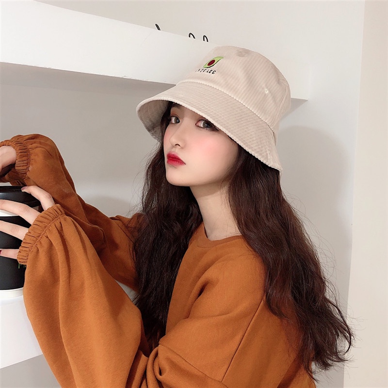Mũ, nón bucket Ulzzang thêu hình quả bơ phủ nhung gân dày dặn cao cấp