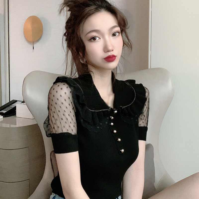 Áo Kiểu Tay Ngắn Phối Nút Thiết Kế Cổ Búp Bê Thanh Lịch