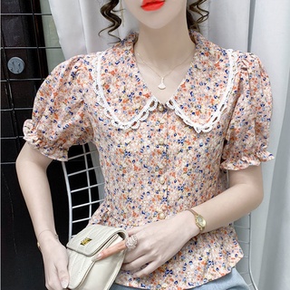 Áo sơ mi voan ngắn tay phối ren hoa thời trang dành cho nữ