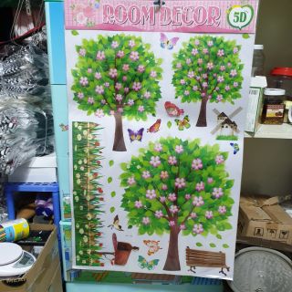 Decal dán tường 3D hình cây hoa+hàng rào