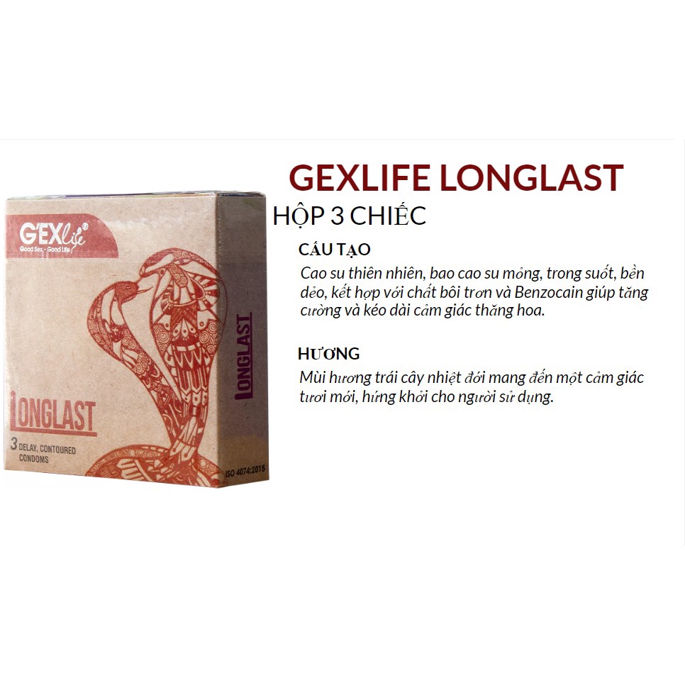 Bao cao su GEXlife Longlast, bcs siêu mỏng chống xuất tinh sớm kéo dài thời gian quan hệ