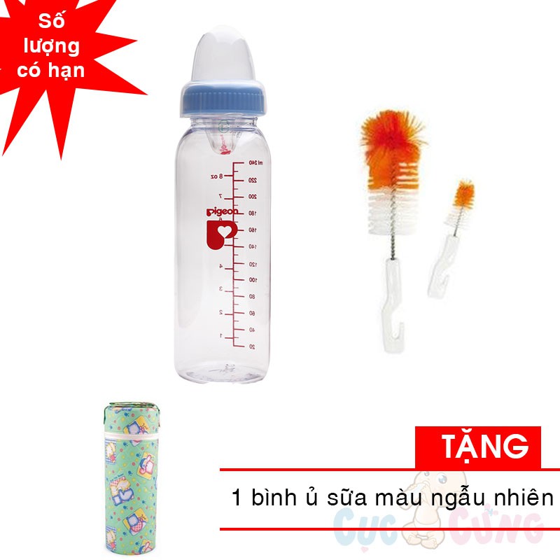 Bình sữa Pigeon hình 240ml cổ thường + 1 cọ rửa bình sữa TẶNG ủ bình sữa đơn màu ngẫu nhiên