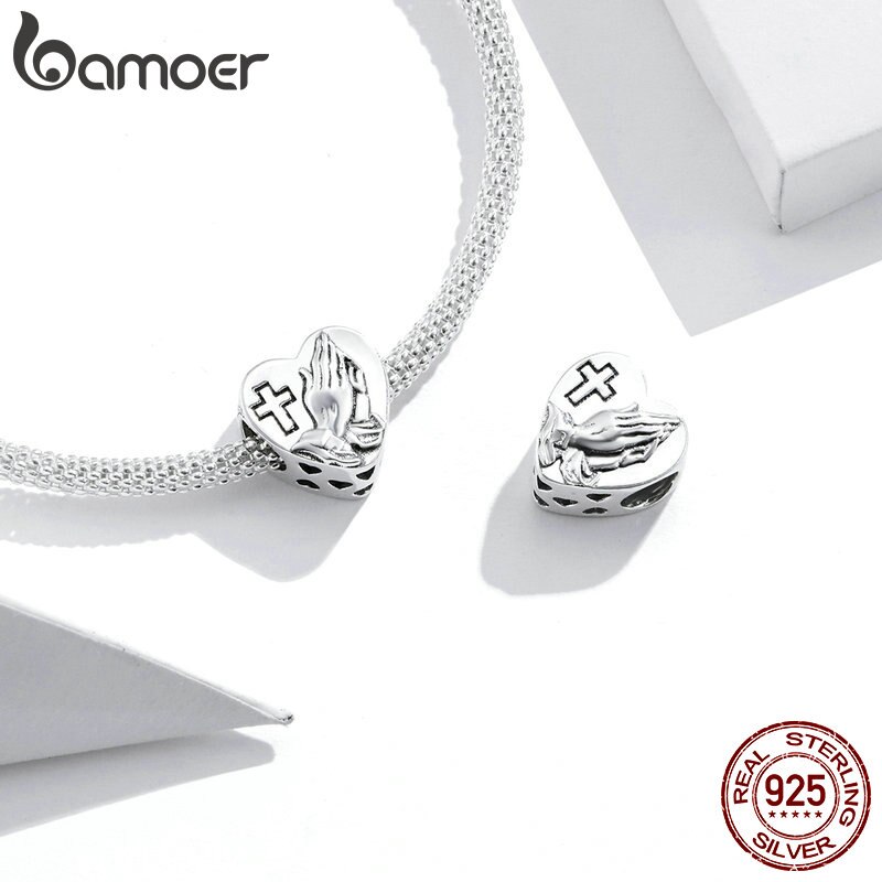 Hạt Xỏ Vòng Tay Bamoer BSC317 Bằng Bạc 925 Kiểu Trái Tim Họa Tiết Bàn Tay Cầu Nguyện Để Làm Trang Sức DIY