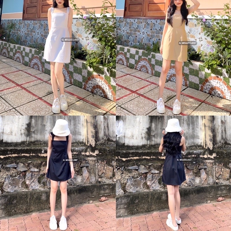 [Ảnh thật/Video]Vái hai dây bản to Tây Âu chất cực xinh và ôm dáng Đầm hai dây bản to Hàn Quốc