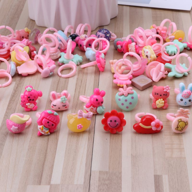 [Hàng mới về] Set 100 nhẫn nhựa acrylic màu hồng kiểu hoạt hình xinh xắn cho các bé gái