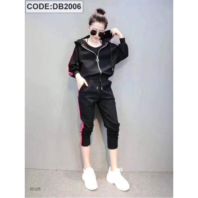 Set bộ thể thao viền sọc áo dây kéo có nón quần dài