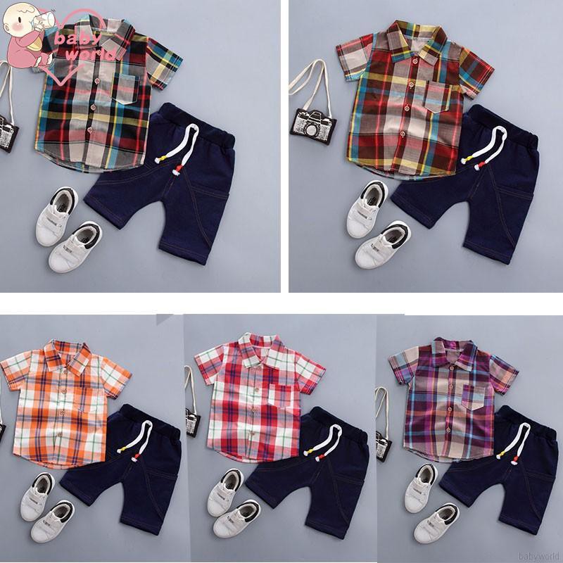 Set áo sơ mi tay ngắn kẻ caro kèm quần short denim sành điệu cho bé trai