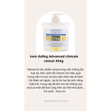 KEM  ADVANCED CLINICALS RETINOL 454g  DƯỠNG CHỐNG LÃO HOÁ DA  NGỪA CHỨNG VIÊM NANG LÔNG GIÚP DA TRẮNG MỊN SĂN CHẮC