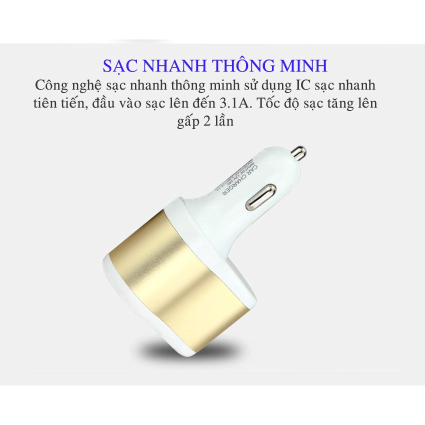 Tẩu sạc ô tô 1 cổng tẩu 2 chân usb tích hợp công nghệ sạc nhanh 3.1A phù hợp với iphone và android