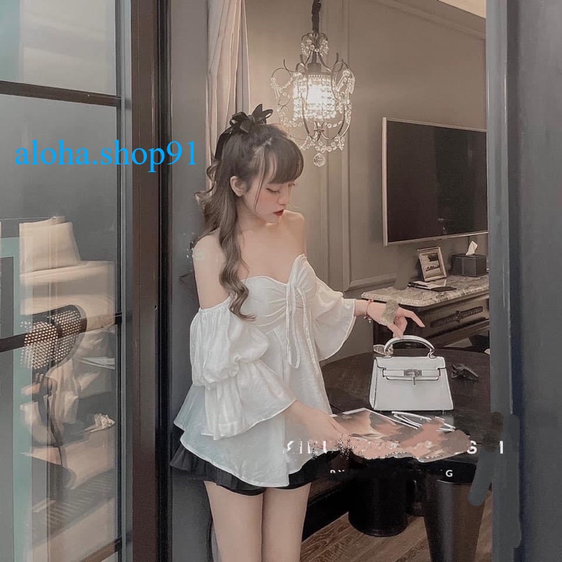 ÁO KIỂU BẸT VAI TAY BỒNG RÚT TRƯỚC CỰC XINH RU1 aloha.shop91