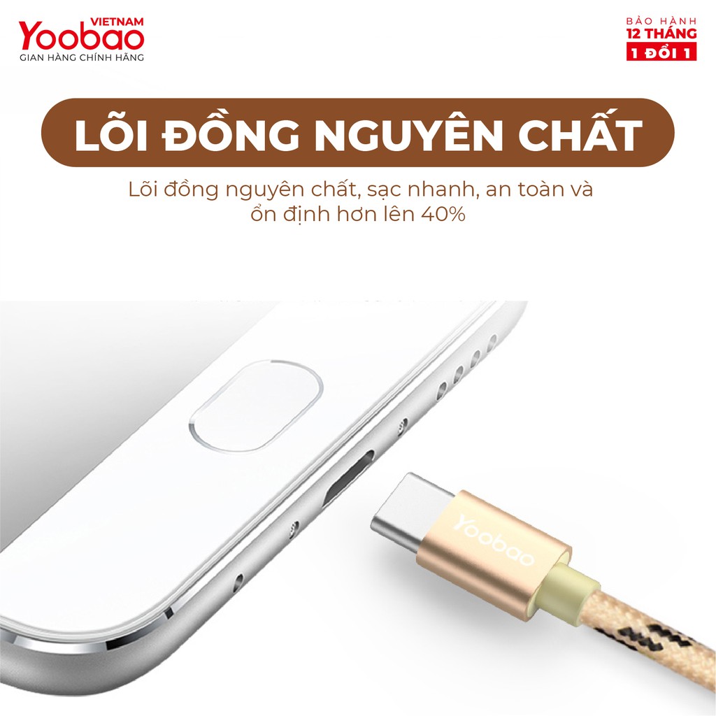 Dây cáp sạc USB Type C YOOBAO YB-415C Vỏ bện nylon dài 1.5m - Hàng chính hãng Bảo hành 12 tháng 1 đổi 1