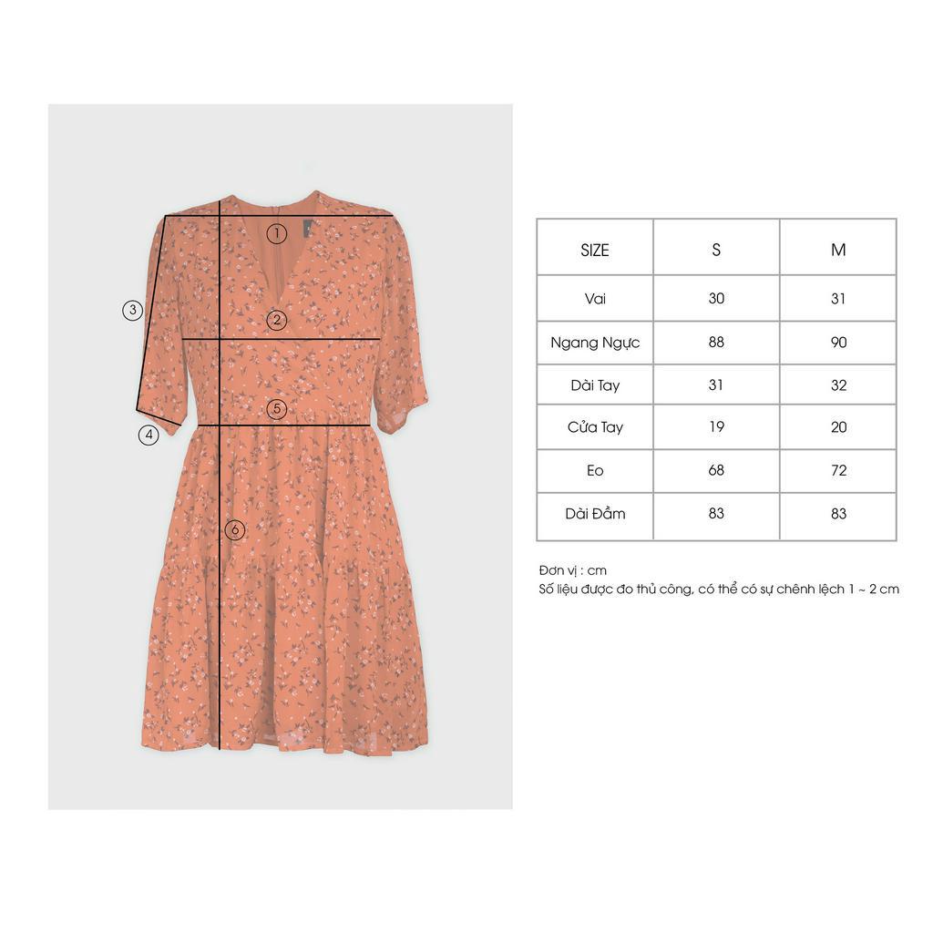 Đầm Voan Đỏ Hoa Nhí 𝐄.𝐬𝐭𝐮𝐝𝐢𝐨 Tay Ngắn, Dáng Xòe