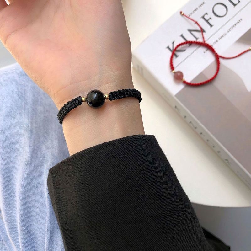 Vòng Tay Bện Dây Đỏ Đính Đá Obsidian Lãng Mạn Thời Trang Cho Cặp Đôi