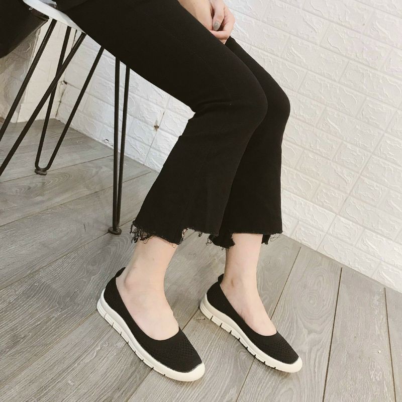 Giày lười slip on nữ mũi trắng chất siêu mềm siêu bền êm chân