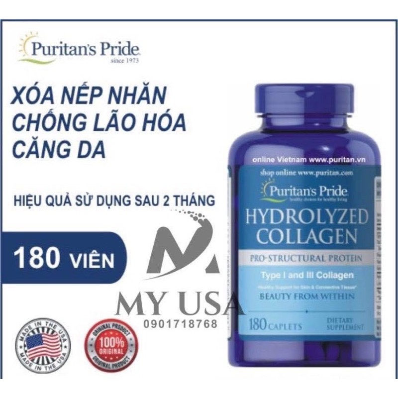 Viên Uống Collagen Thủy Phân Trắng Da, Mờ Nám Hydrolyzed Collagen 1000mg 180 Viên của Mỹ