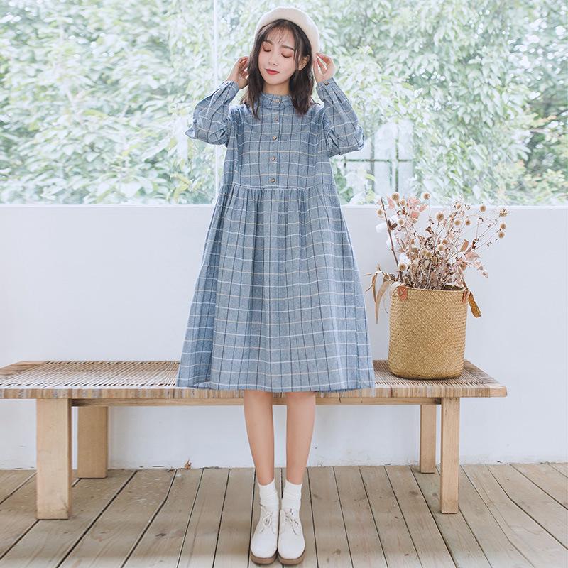 Đầm caro tay dài cổ đứng phong cách Mori Nhật Bản cho nữ