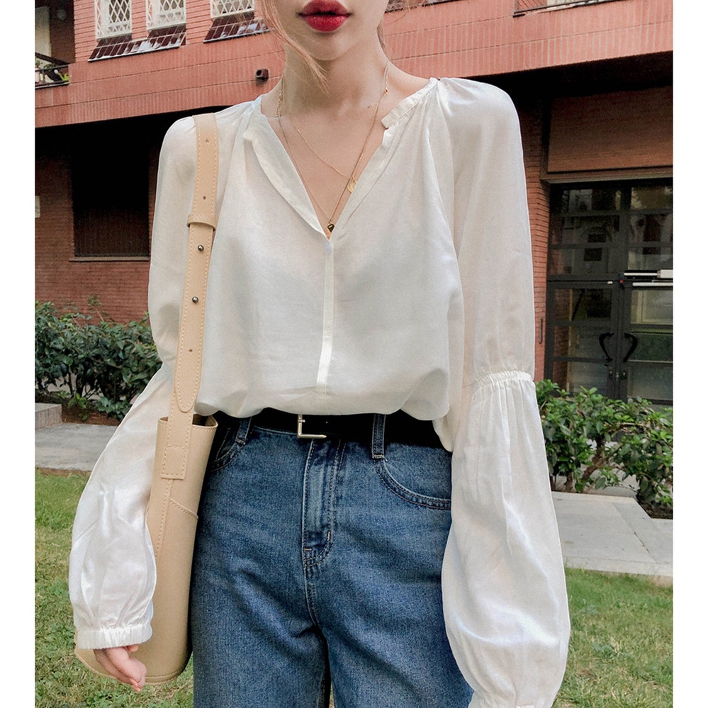 SUXI NEW Áo Kiểu Tay Dài Màu Trơn Thiết Kế Cổ Chữ V Thanh Lịch