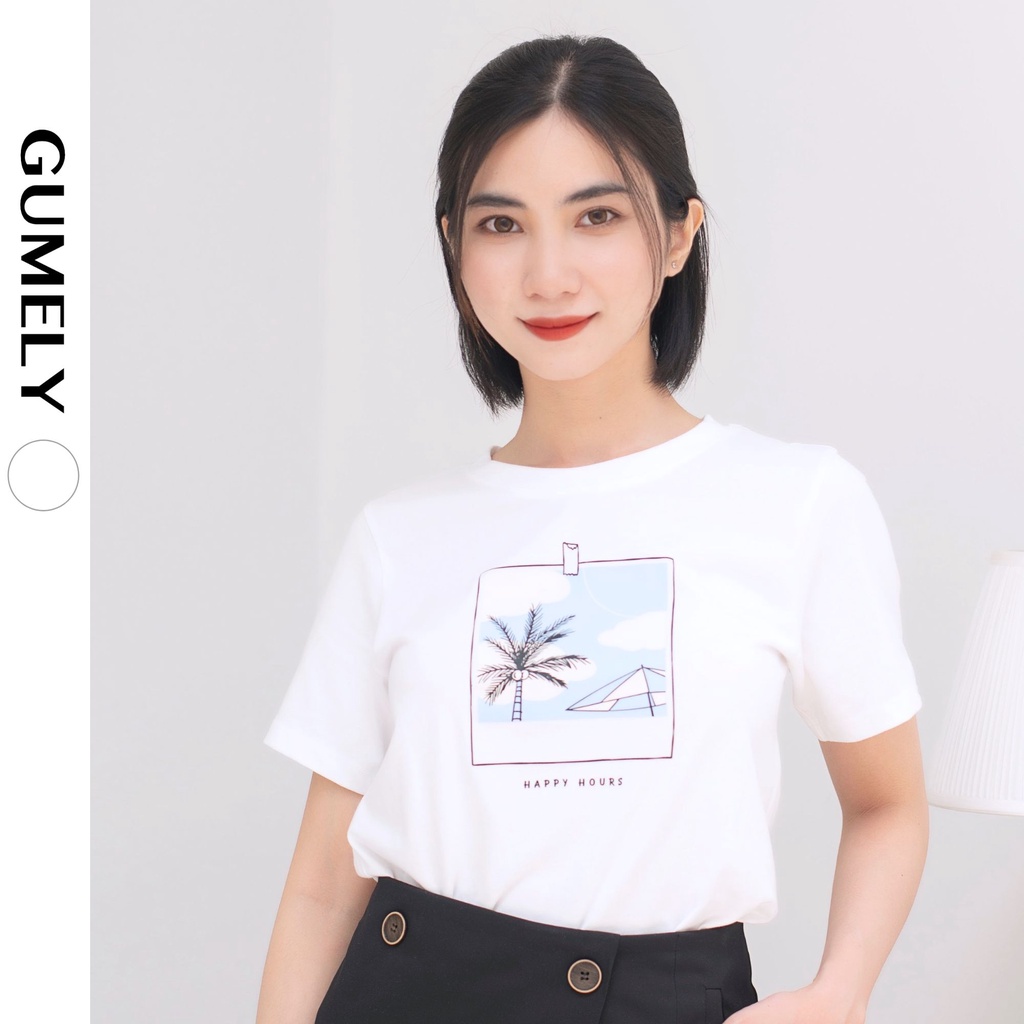 Áo thun nữ đẹp dễ thương cotton basic cổ tròn ngắn tay Gumely ViAnh dạo phố đi học đi chơi hoạ tiết chữ nhật cây dừa