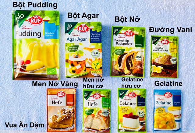 Bột Gelatine / Pudding / Men nở / Bột Nở / Agar / Đường Vani hữu cơ Ruf