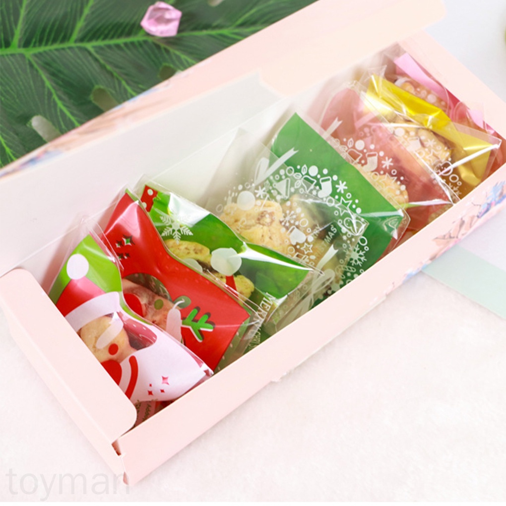 Set 100 túi nhựa trong suốt đựng thực phẩm in hình chủ đề Giáng Sinh có thể tái sử dụng