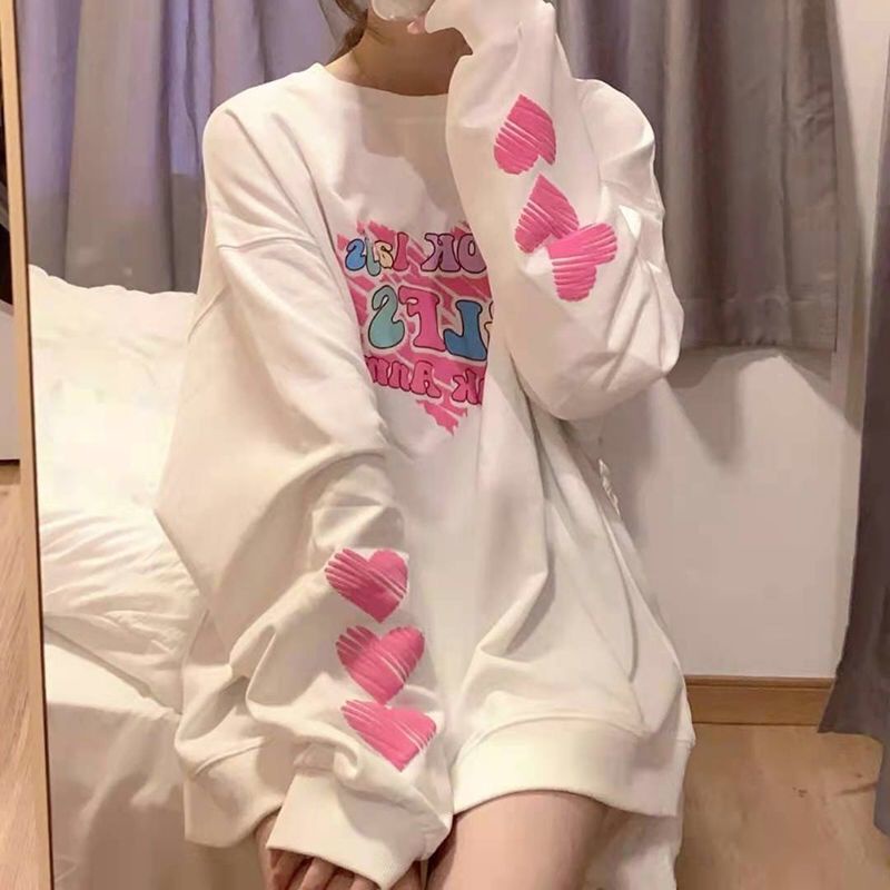 【Keroro】ÁO phông dài tay nữ dáng rộng in hình trái tim tay áo siêu dễ thương bắt trend 2021 ( kèm ảnh thật)