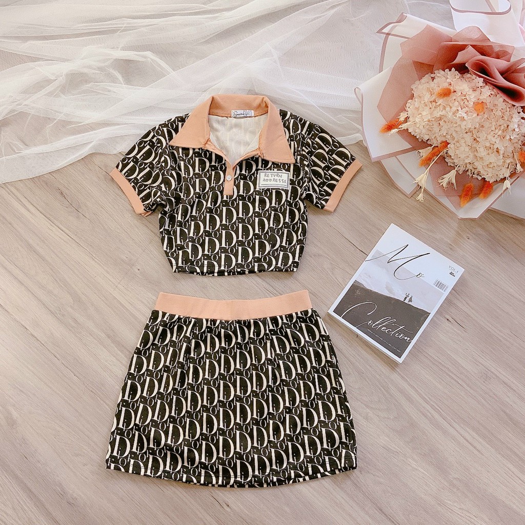 set bộ BB áo croptop cỏ bẻ chân váy dáng A họa tiết chữ sang ảnh thật coton mềm