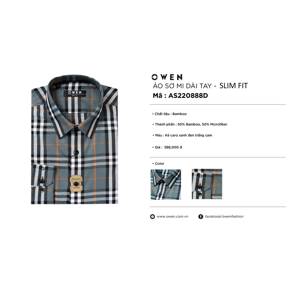 Áo Sơ Mi Nam Dài Tay OWEN AS220888D Somi Công Sở Vải Sợi Tre Cao Cấp Màu Kẻ Caro Xanh Đen Trắng Cam Dáng Ôm Không Túi