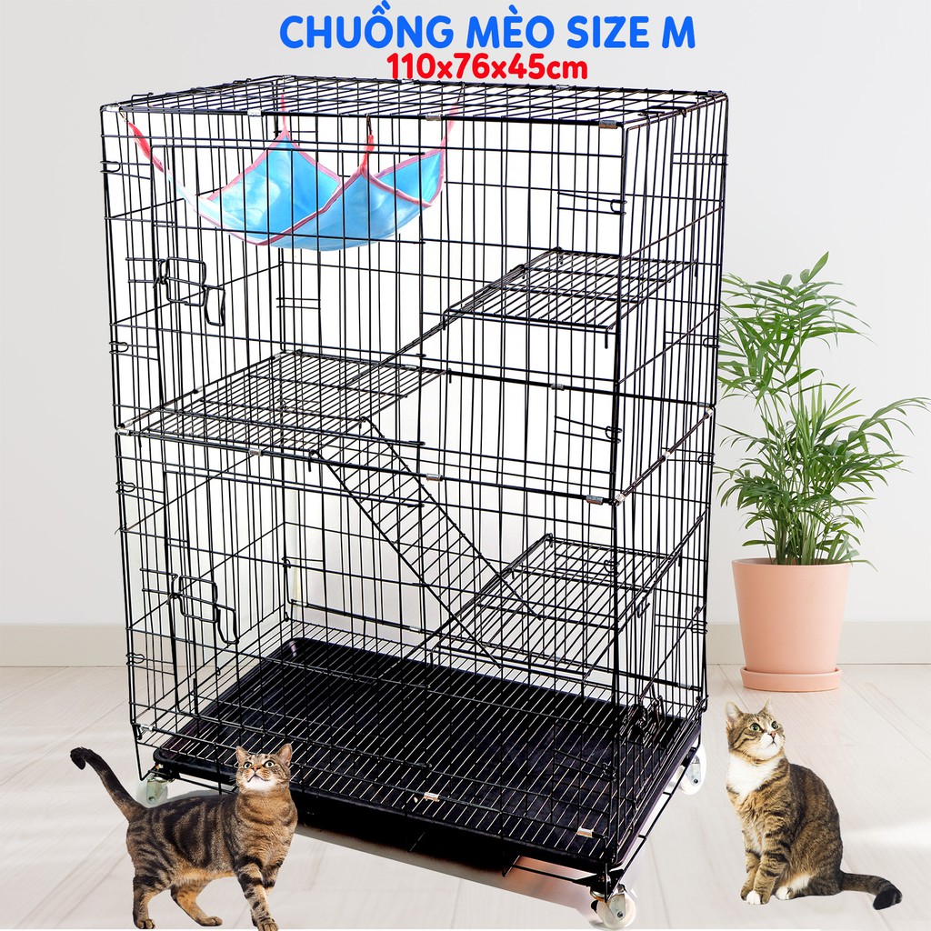 Chuồng mèo 4 tầng giá rẻ bằng sắt, thép sơn tĩnh điện có võng, khay nhựa, gấp gọn, cho 2-3 bé, cao 110cm - Size M