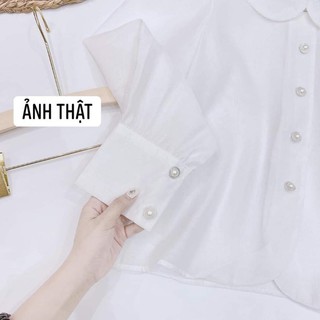 (Hot) Áo Sơ Mi Trắng Cổ Sen Khuy Ngọc