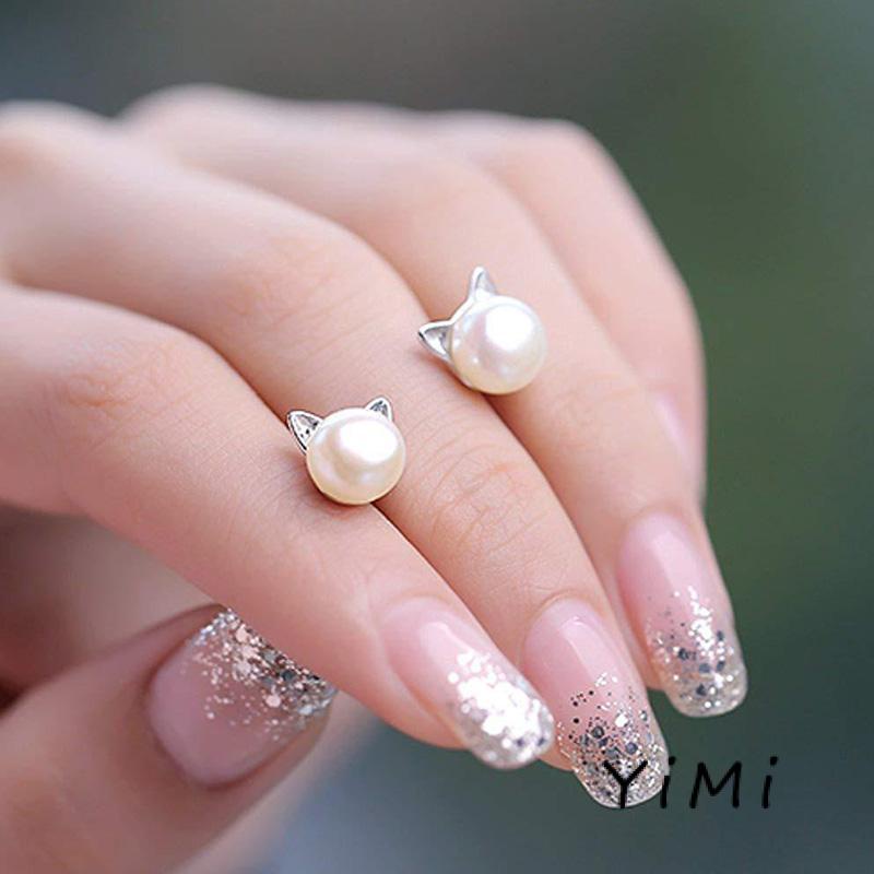 Bông Tai Bạc 925 Hình Tai Mèo Đính Ngọc Trai Dễ Thương Cho Nữ