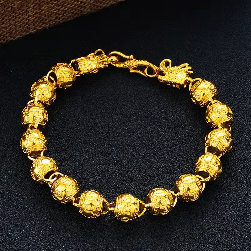 Xinxin mạ vàng sáu ký tự thần chú chuỗi hạt vòng tay đầu rồng nam Vòng tay mạ vàng 24K Châu Âu đồng xu vàng trang sức phụ kiện trang sức vòng tay nam