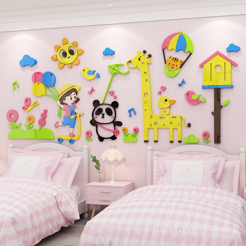 Tranh dán tường mica 3d decor khổ lớn cô bé cùng gấu trúc chơi thả diều trang trí mầm non Nhiều Size - EPeBen