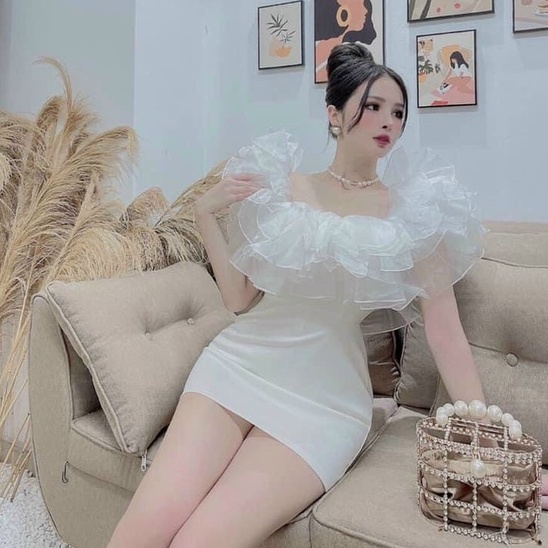 Đầm Dự Tiệc Body Trễ Vai Voan Kiếng Xếp Tầng  (CÓ MÚT NGỰC) 2 Màu Trắng &amp; Đen Sang Chảnh Thời Trang Váy Nữ Xm Minh Phúc