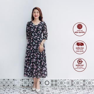 Đầm maxi thiết kế cổ tròn tay lỡ đen hoa hồng TTV1062