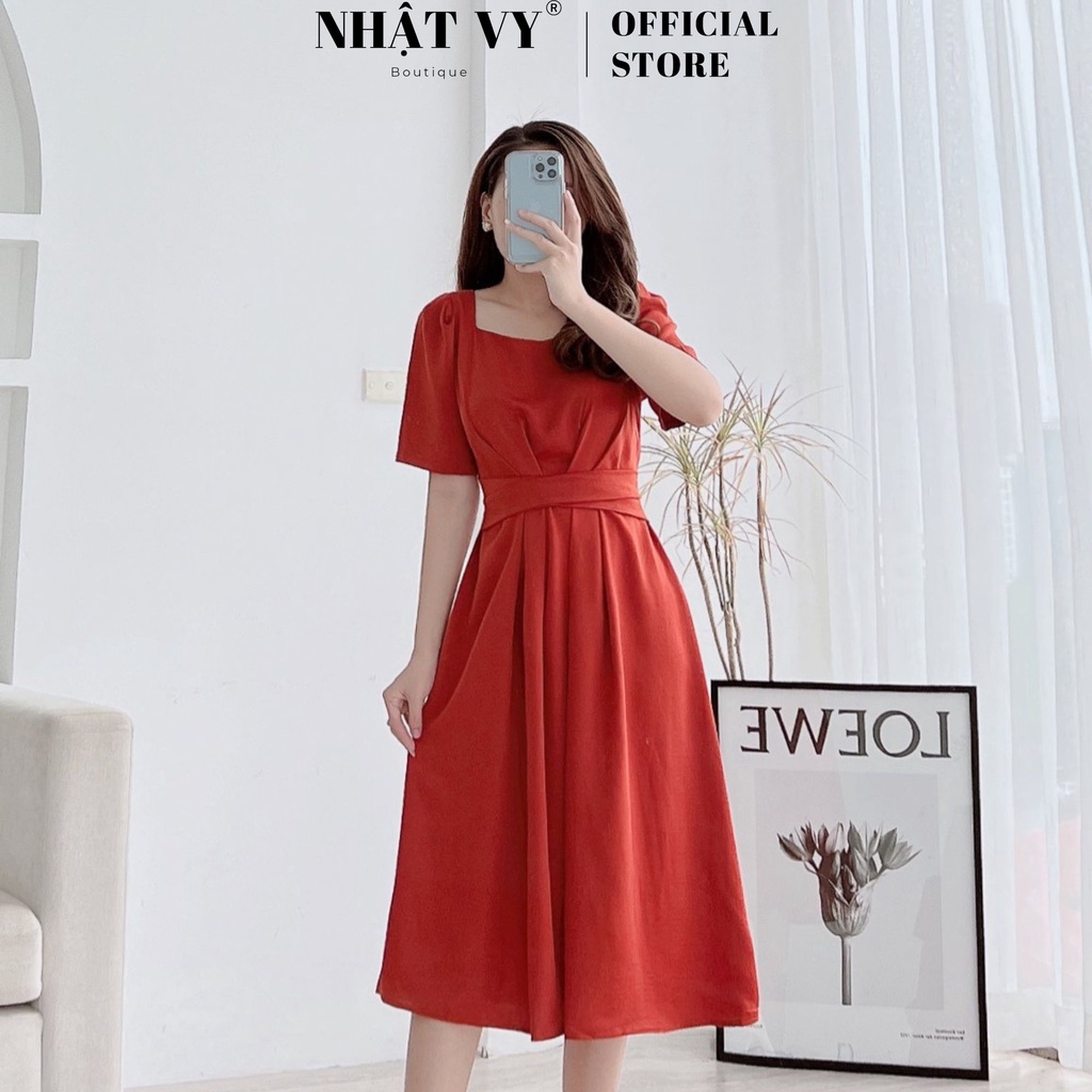 Váy Thiết Kế NHẬT VY Đi Tiệc Cổ Cách Điệu Tay Ngắn Dáng Xoè Phối Dây Xoắn Eo Chất Lụa Nhung Màu Xanh, Cam, Đen - D2455