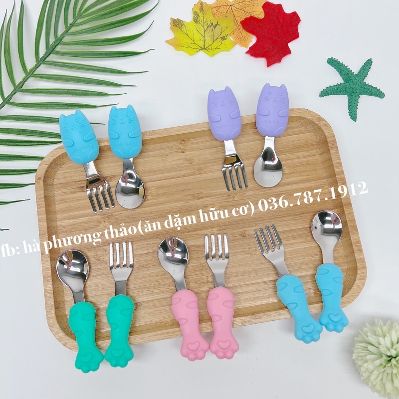 Set thìa dĩa tập xúc cho bé bằng innox 304 cán bọc silicon ăn toàn cho bé