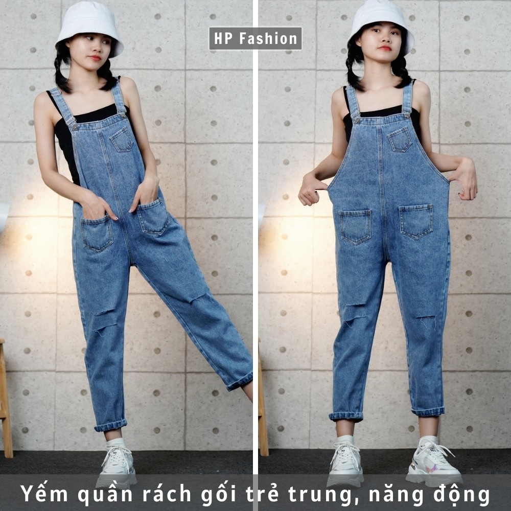 Quần yếm nữ ❤️ yếm jean dài rách dáng suông, phối túi cá tính phong cách Ulzzang QJ26 | BigBuy360 - bigbuy360.vn