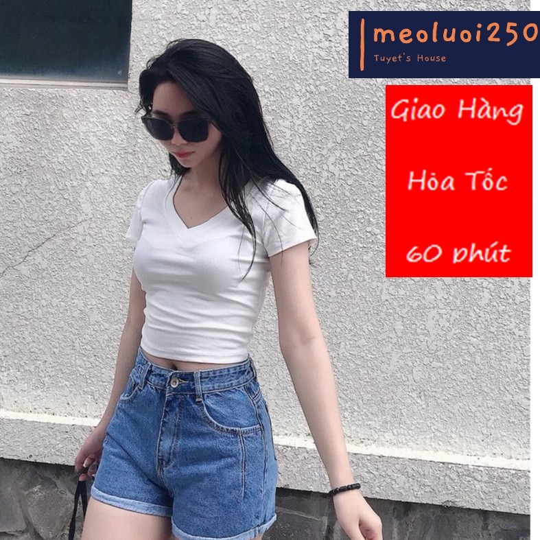 Áo Thun Croptop Trơn Ôm Body Cổ Tim Tuyết's House B4-1, áo croptop cổ v ngắn tay