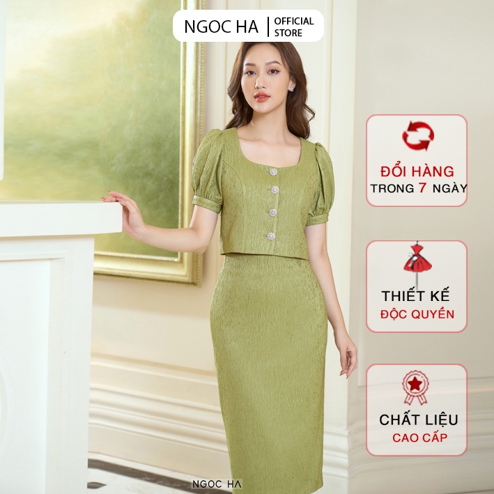 Set Gấm Áo Croptop Chân Váy Bút Chì Màu Xanh NGỌC HÀ Design BJ058