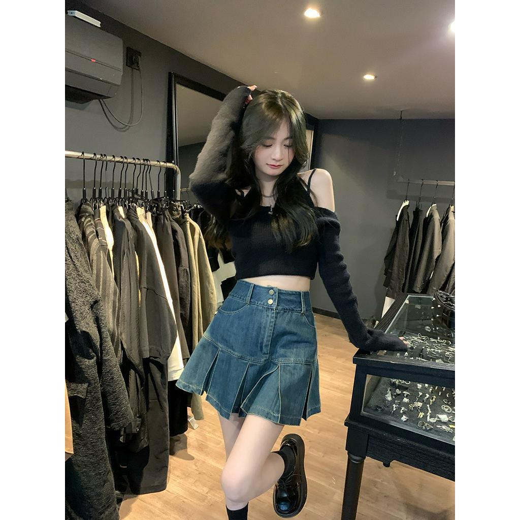 Chân Váy Denim Chữ a Lưng Cao Xếp Ly Cài Nút Thời Trang 62155