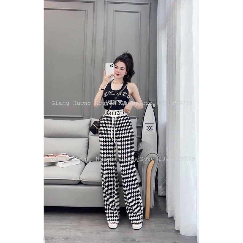Set áo croptop thun gân họa tiết chữ quần ống rộng bo dệt DN158