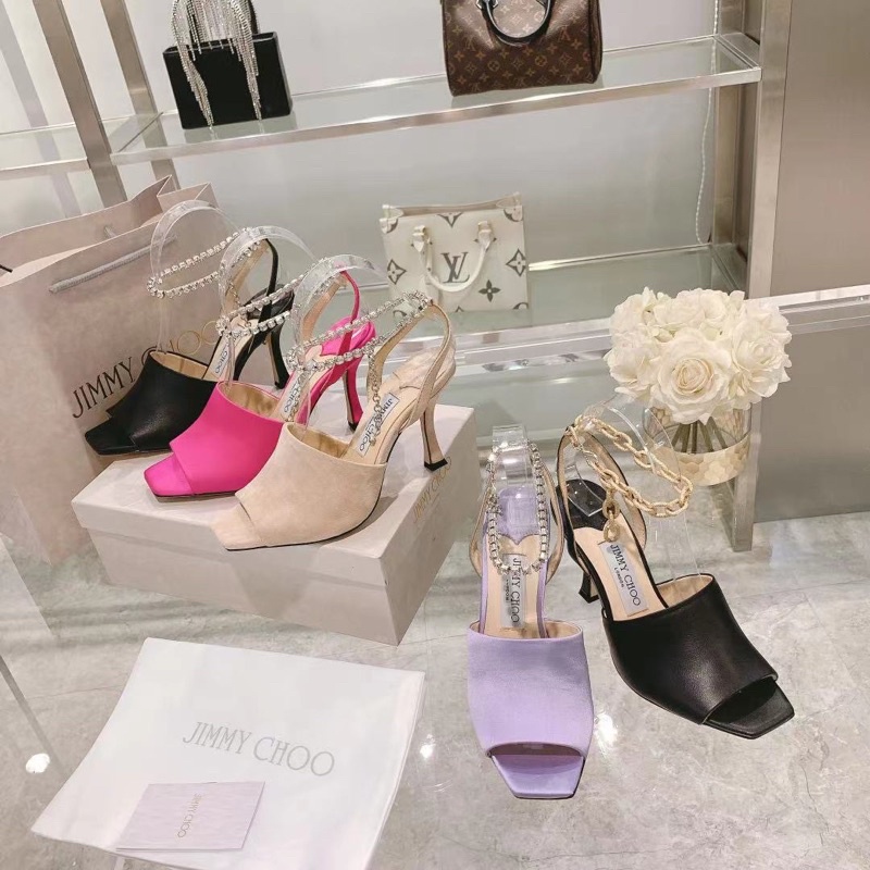 Sandal cao gót Jimmy Choo bản cao 9cm quai ngang bản to mũi vuông sang chảnh da thật cao cấp
