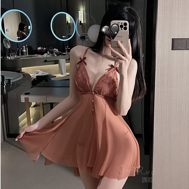 Váy ngủ voan mỏng phối ren ngực xuyên thấu sexy có hàng cúc giữa gợi cảm THE CELYNBRA - V34