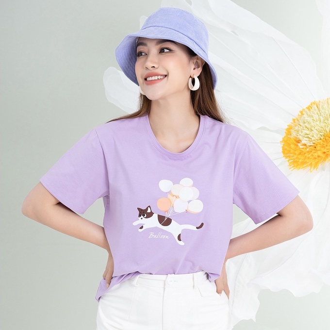Áo phông in hình mèo chất liệu Cotton Compact form chờm vai LOZA - PR502060