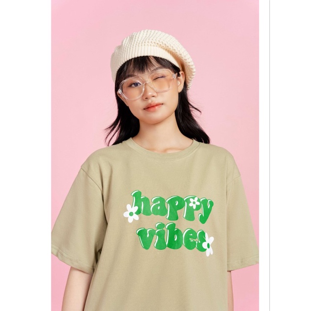 Áo thun oversize tay lỡ áo phông cotton nữ in chữ happy vibes thời trang GAGO màu rêu GA3831