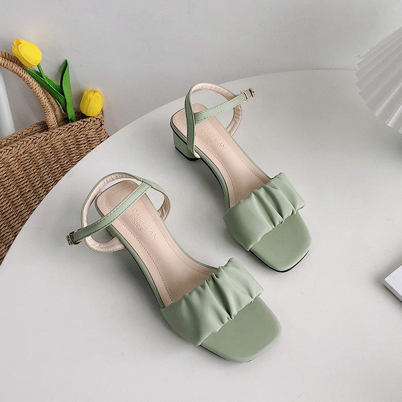 Giày sandal cao gót phối quai xếp ly xinh xắn