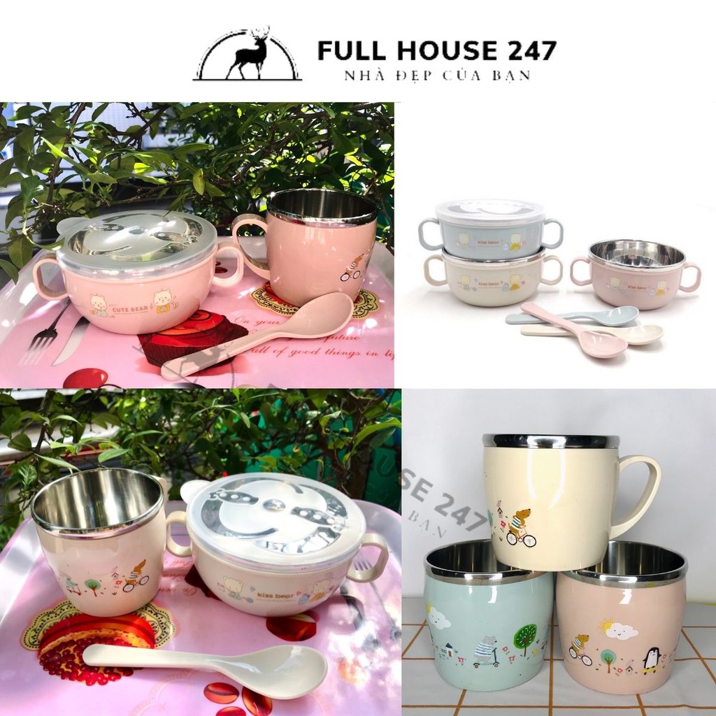 Set 3 chi tiết bát và cốc chống nóng 2 lớp cho bé inox 304 có kèm thìa và nắp đậy hàng đẹp cho bé ăn dặm