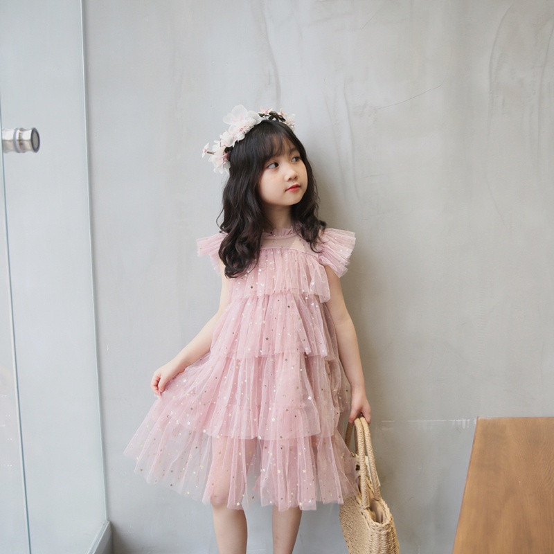 Đầm Công Chúa Phối Ren Đính Kim Sa Ngôi Sao Lấp Lánh Dành Cho Bé Gái 3-8 Tuổi